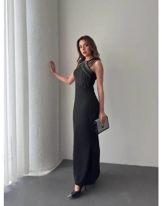 Omarı Taş Detaylı Omuz Askılı Kadın Maxi Elbise