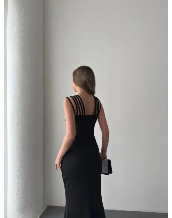 Omarı Taş Detaylı Omuz Askılı Kadın Maxi Elbise