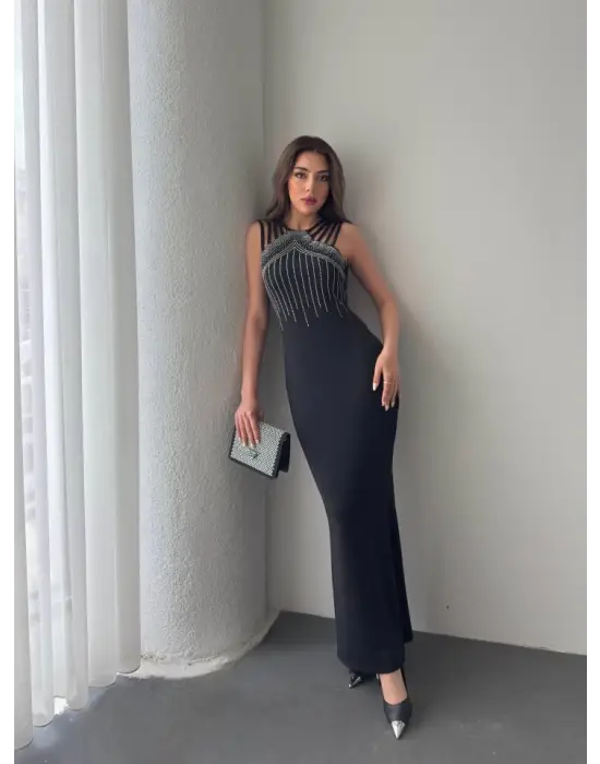 Omarı Taş Detaylı Omuz Askılı Kadın Maxi Elbise