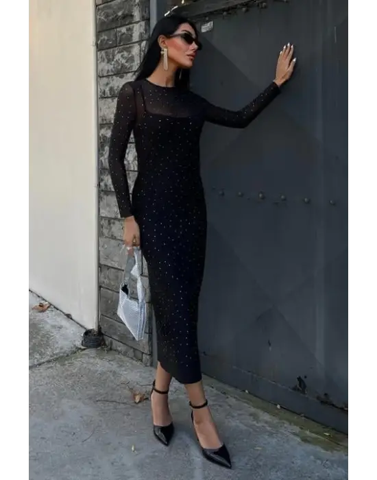 Omarı Zarif Taş İşlemeli Tül Elbise