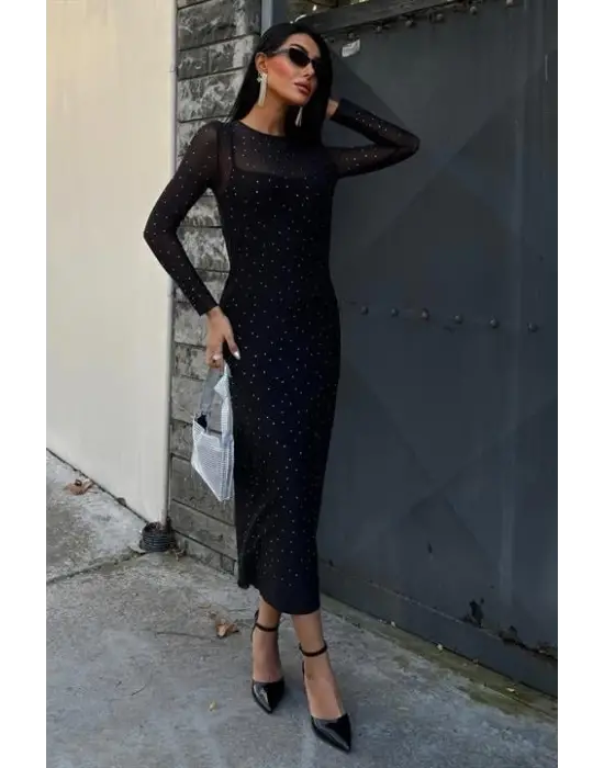 Omarı Zarif Taş İşlemeli Tül Elbise