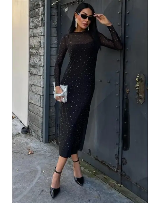 Omarı Zarif Taş İşlemeli Tül Elbise