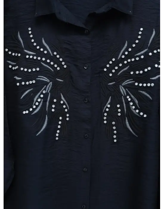 Taş Ve Nakış İşlemeli Keten Gömlek -Siyah