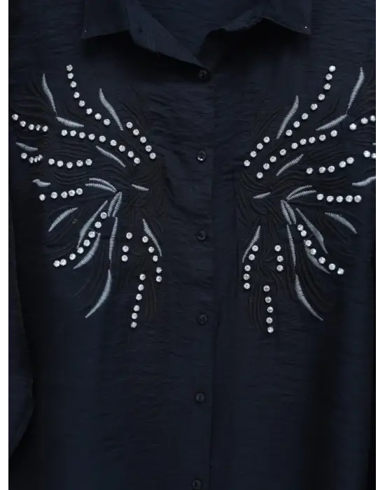 Omarı Siyah Keten Gömlek | Taş ve Nakış Detaylarıyla Şıklık