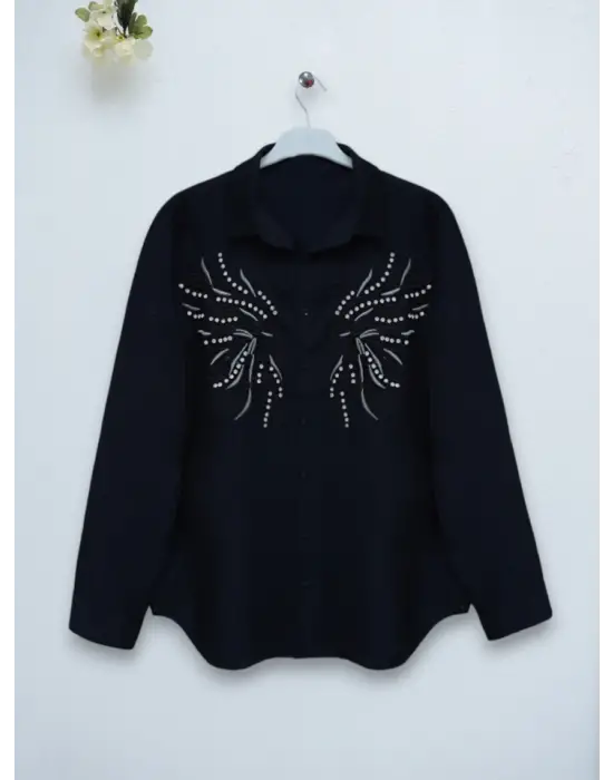 Taş Ve Nakış İşlemeli Keten Gömlek -Siyah