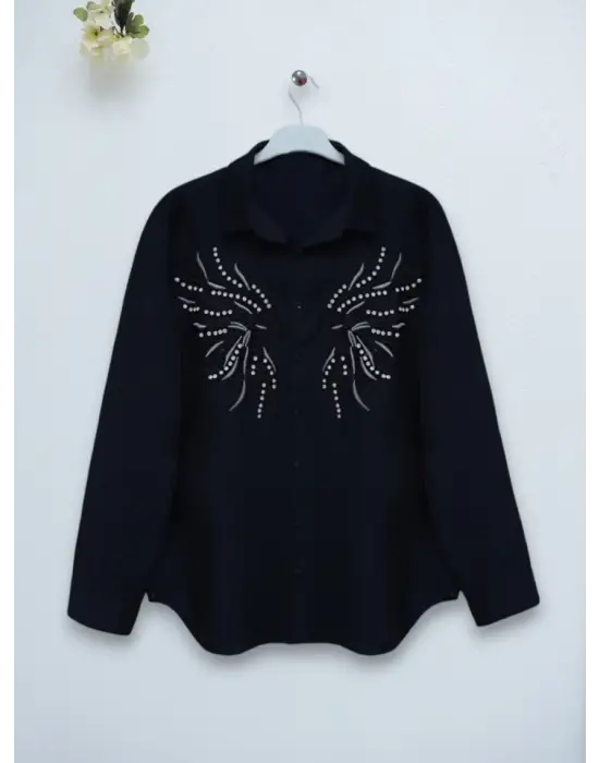 Omarı Siyah Keten Gömlek | Taş ve Nakış Detaylarıyla Şıklık