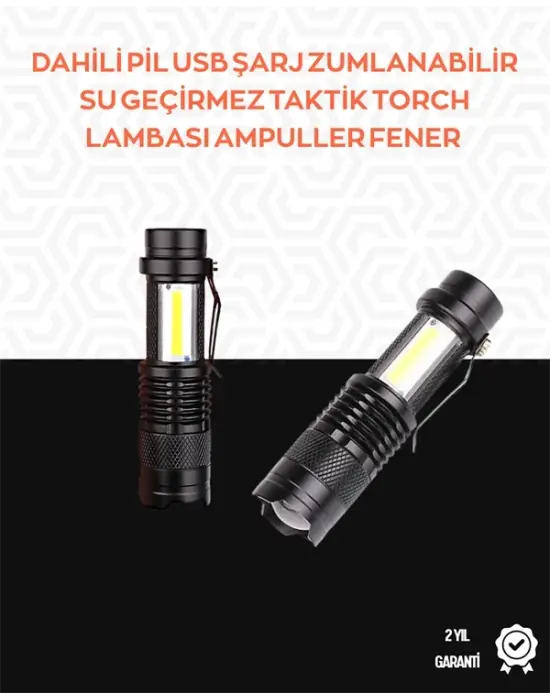 Taşınabilir Şarjlı Led Fener - 4 Modlu, 2000lm, Ayarlanabilir Odak