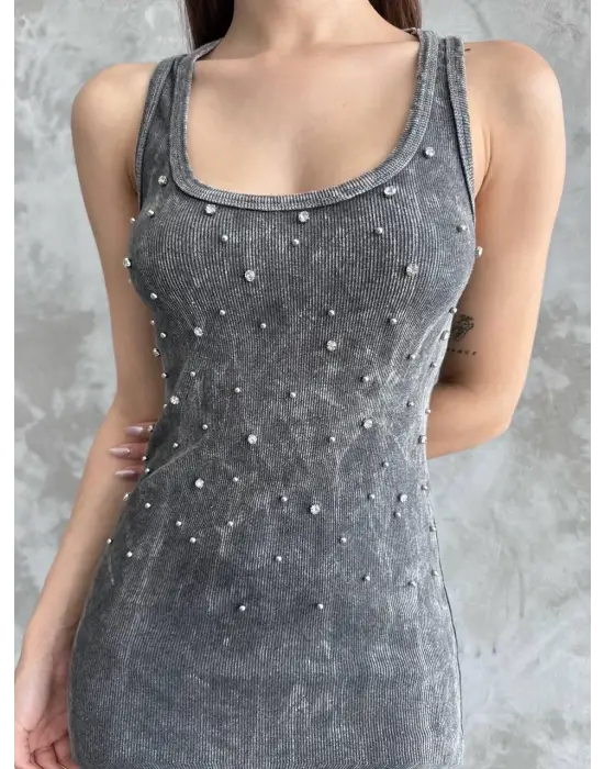 Omarı Trend Taşlı Askılı Elbise