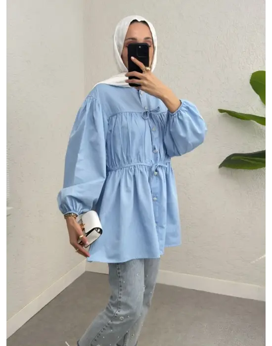 Taşlı Düğmeli Kolu Lastikli Bağlama Detaylı Gömlek -Bebe Mavi