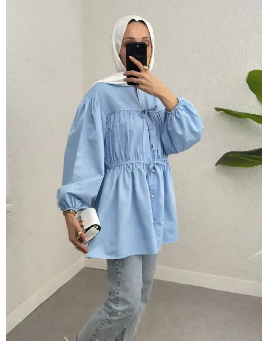 Omarı Gömlek - Taşlı Düğme Detayı ve Lastikli Kol