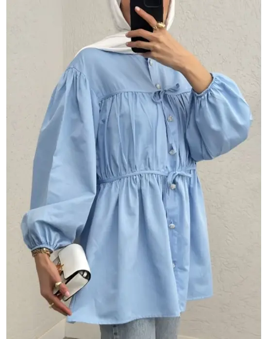 Omarı Gömlek - Taşlı Düğme Detayı ve Lastikli Kol