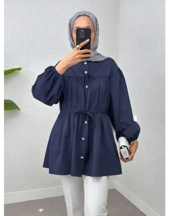 Omarı Taşlı Düğme Detaylı Lastikli Bağlama Gömlek