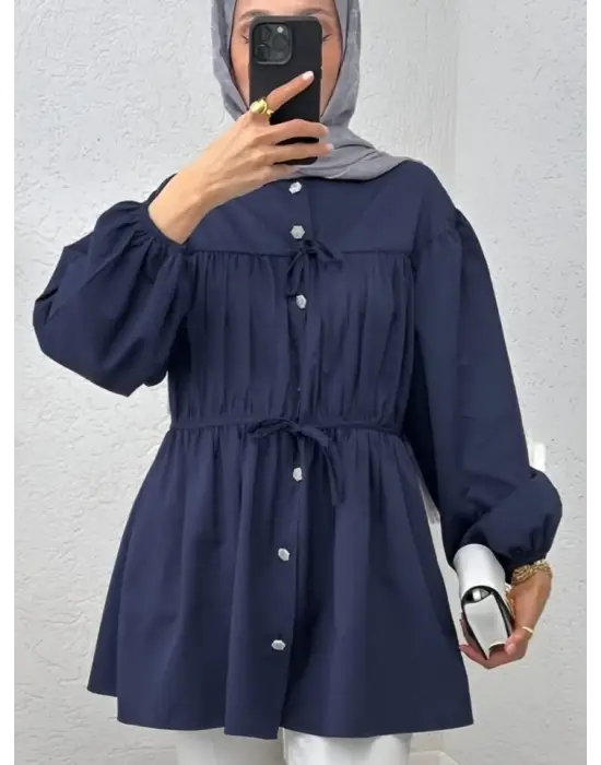 Omarı Taşlı Düğme Detaylı Lastikli Bağlama Gömlek