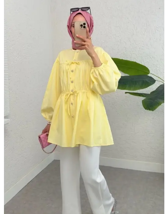 Omarı Sarı Taşlı Detaylı Gömlek