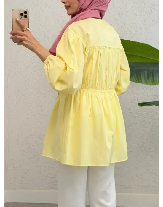 Taşlı Düğmeli Kolu Lastikli Bağlama Detaylı Gömlek -Sarı