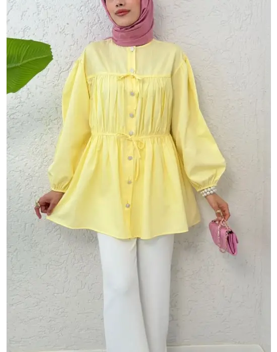 Taşlı Düğmeli Kolu Lastikli Bağlama Detaylı Gömlek -Sarı
