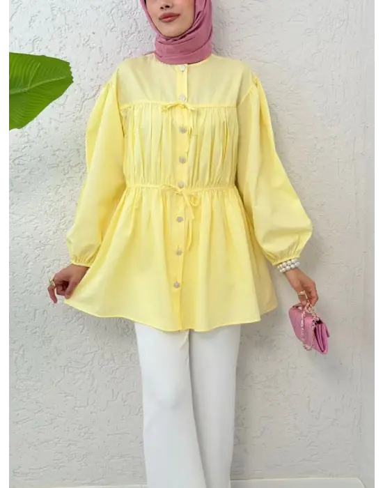 Omarı Sarı Taşlı Detaylı Gömlek