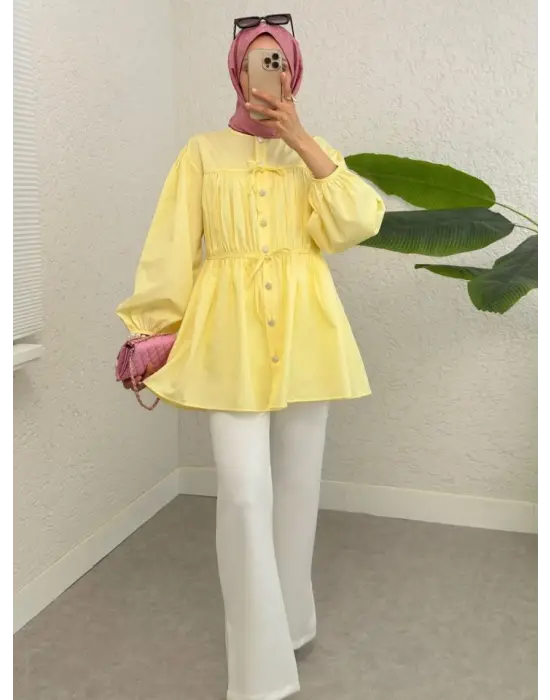 Taşlı Düğmeli Kolu Lastikli Bağlama Detaylı Gömlek -Sarı