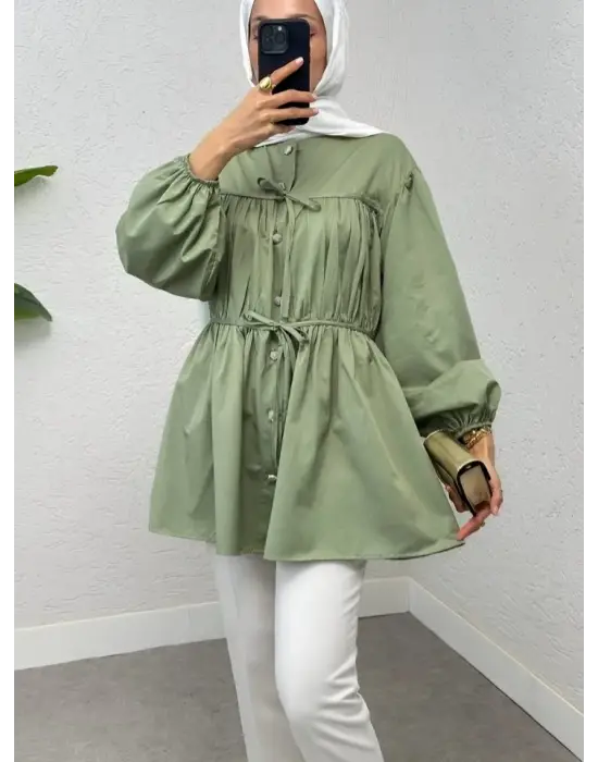 Taşlı Düğmeli Kolu Lastikli Bağlama Detaylı Gömlek -Su Yeşili