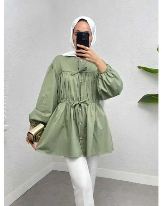 Taşlı Düğmeli Kolu Lastikli Bağlama Detaylı Gömlek -Su Yeşili