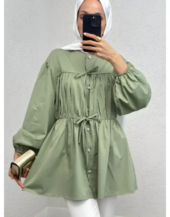 Omarı Elegan Taş Detaylı Lastikli Bağlama Gömlek -Su Yeşili