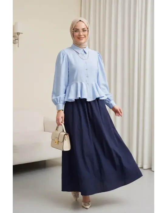 Taşlı Düğmeli Volan Detaylı Modal Gömlek Bluz  -Bebe Mavi