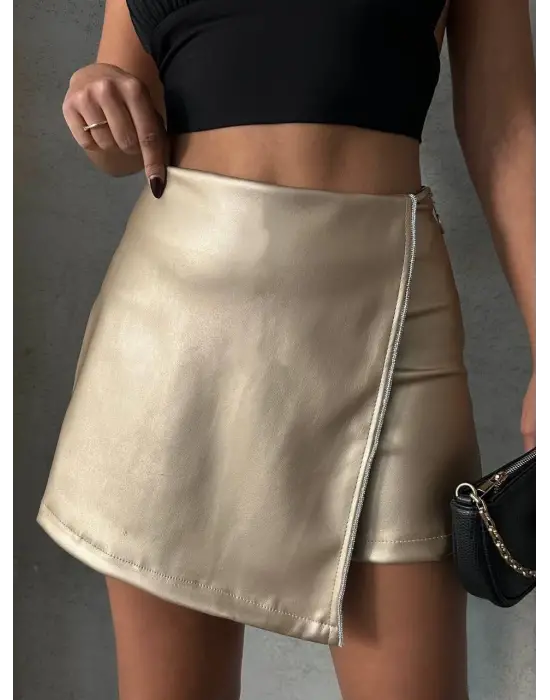Taşlı şort etek deri gold h240018