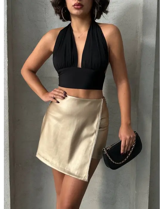 Taşlı şort etek deri gold h240018