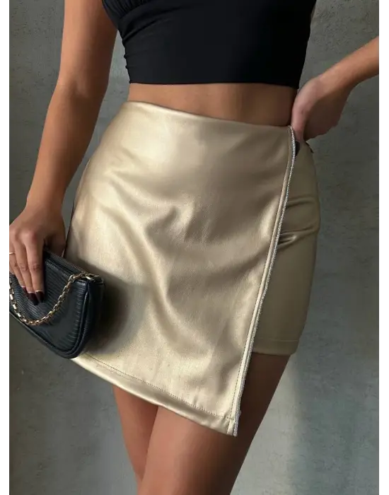 Taşlı şort etek deri gold h240018