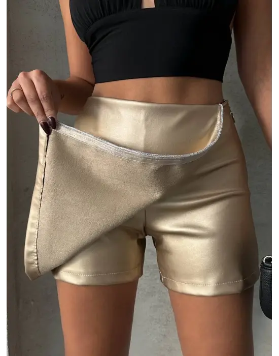 Taşlı şort etek deri gold h240018