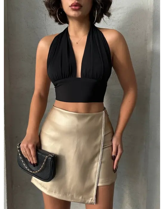 Taşlı şort etek deri gold h240018