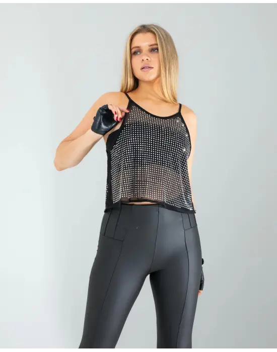 Omarı Parlak Taşlı Crop Üst