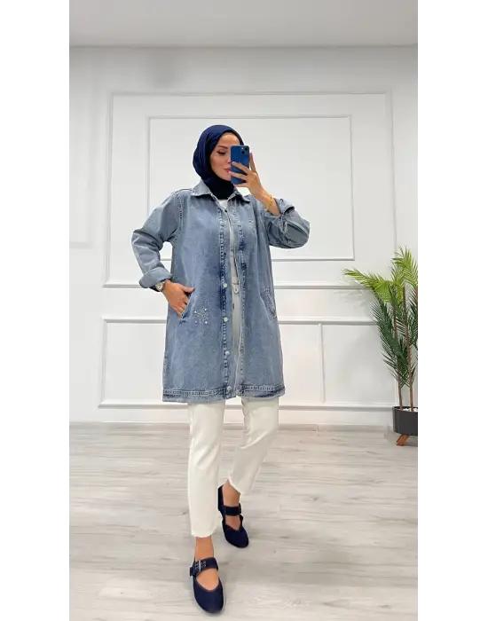 Taşlı tunik ceket kar yıkama orta mavi d2516
