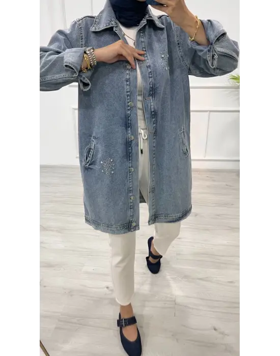 Taşlı tunik ceket kar yıkama orta mavi d2516