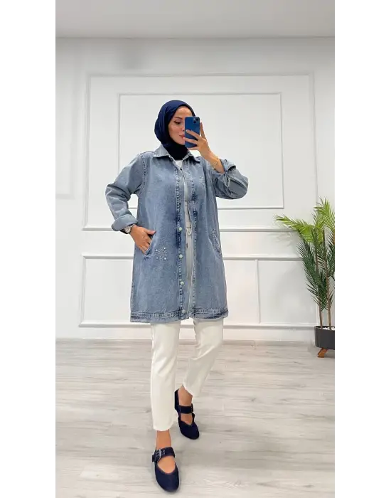 Taşlı tunik ceket kar yıkamalı mavi d2516