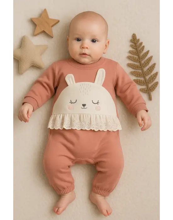 Tavşan Nakışlı Güpürlü % 100 Pamuk Kız Bebek Tulum