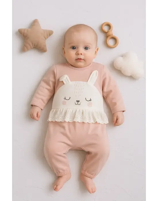 Tavşan Nakışlı Güpürlü % 100 Pamuk Kız Bebek Tulum