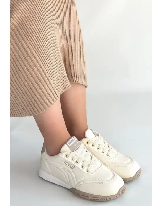 Tawen Bej Cilt Bağcıklı Spor Ayakkabı