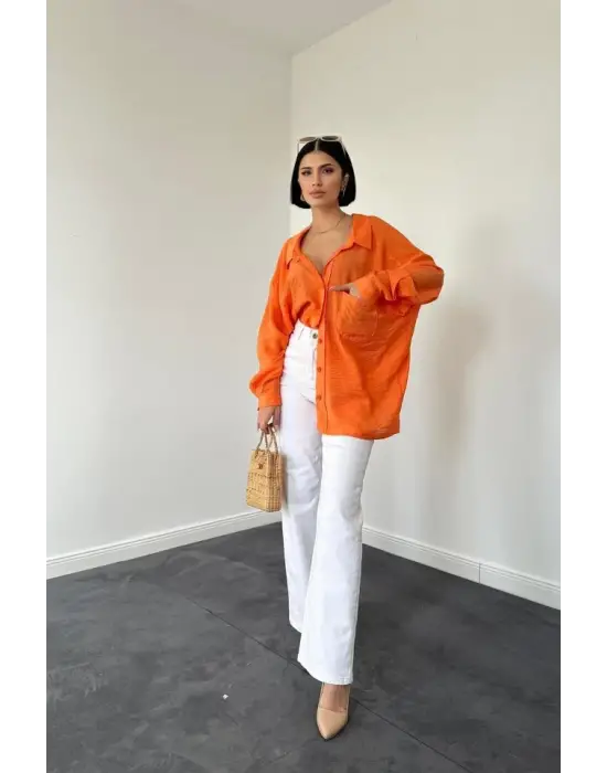 Omarı Rahat Kesimli Cepli Keten Gömlek