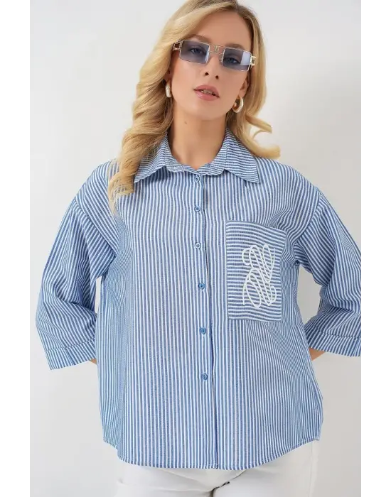 Tek Cep Nakışlı Gömlek 20328 - Lacivert