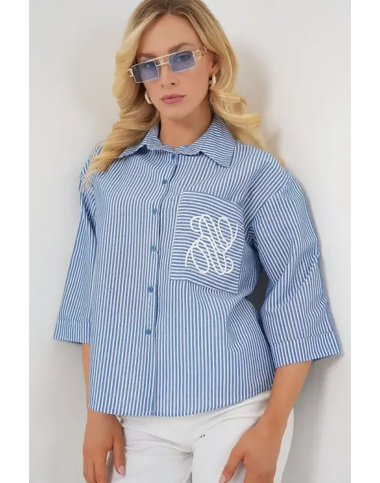 Tek Cep Nakışlı Gömlek 20328 - Lacivert