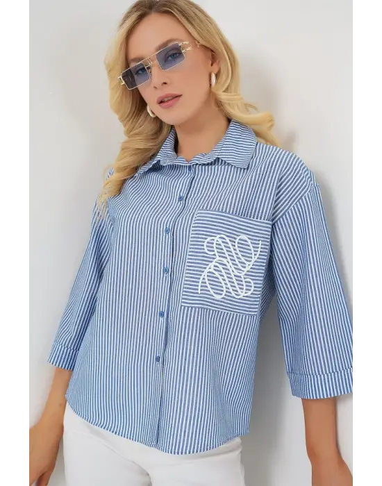 Tek Cep Nakışlı Gömlek 20328 - Lacivert