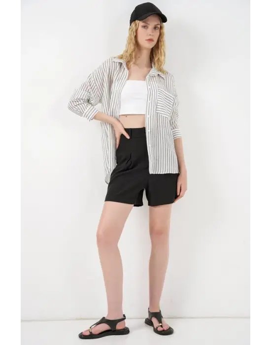 Tek Cepli Çizgili Oversize Gömlek 20375 - Beyaz