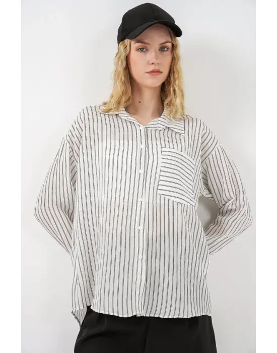 Tek Cepli Çizgili Oversize Gömlek 20375 - Beyaz