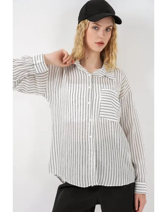 Tek Cepli Çizgili Oversize Gömlek 20375 - Beyaz
