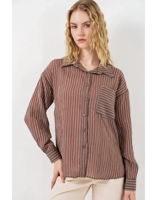 Tek Cepli Çizgili Oversize Gömlek 20375 - Kahverengi