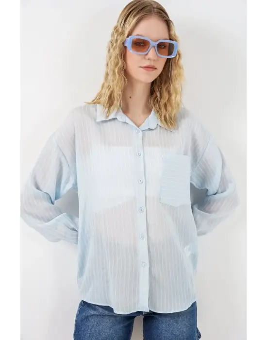 Tek Cepli Çizgili Oversize Gömlek 20375 - Mavi
