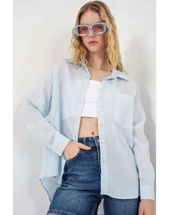 Tek Cepli Çizgili Oversize Gömlek 20375 - Mavi