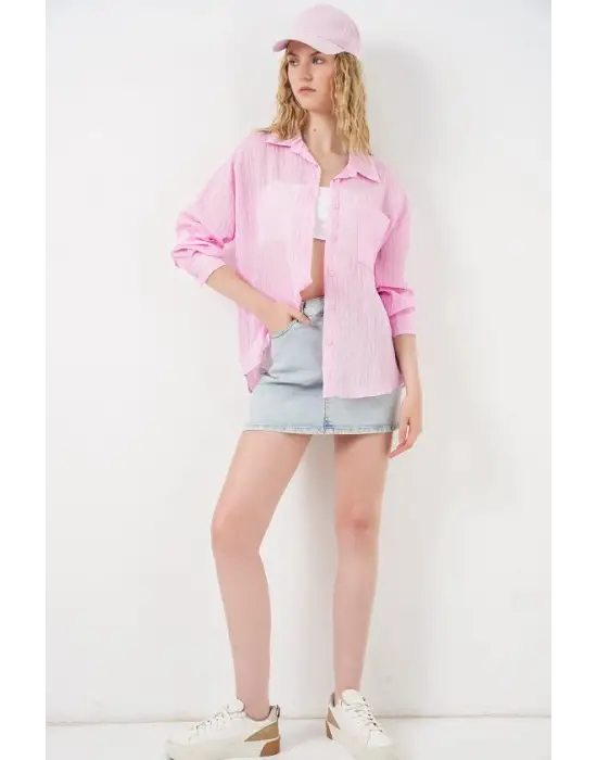 Tek Cepli Çizgili Oversize Gömlek 20375 - Pembe