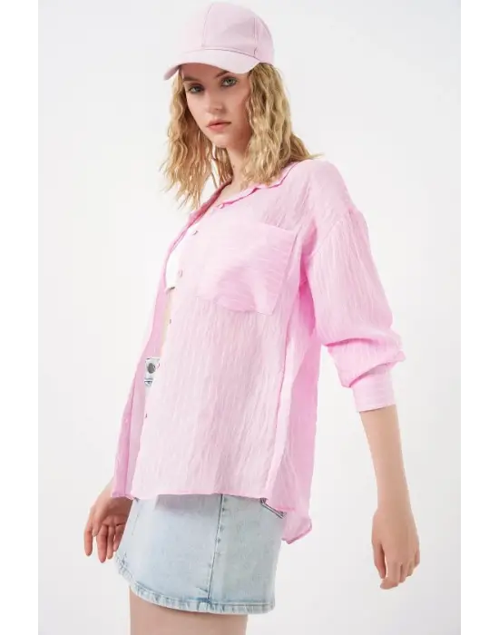 Tek Cepli Çizgili Oversize Gömlek 20375 - Pembe